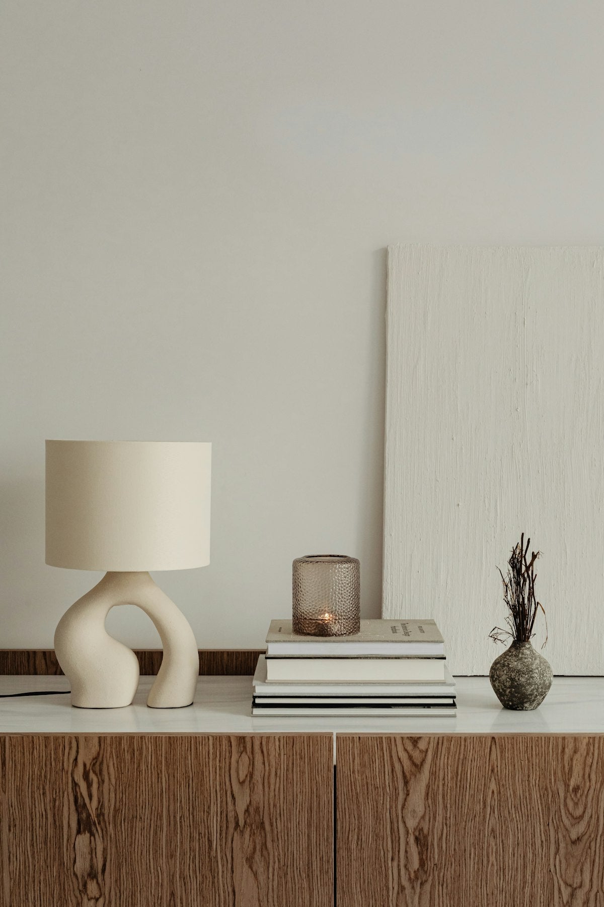 Ceramic table lamp, cream base, styled view