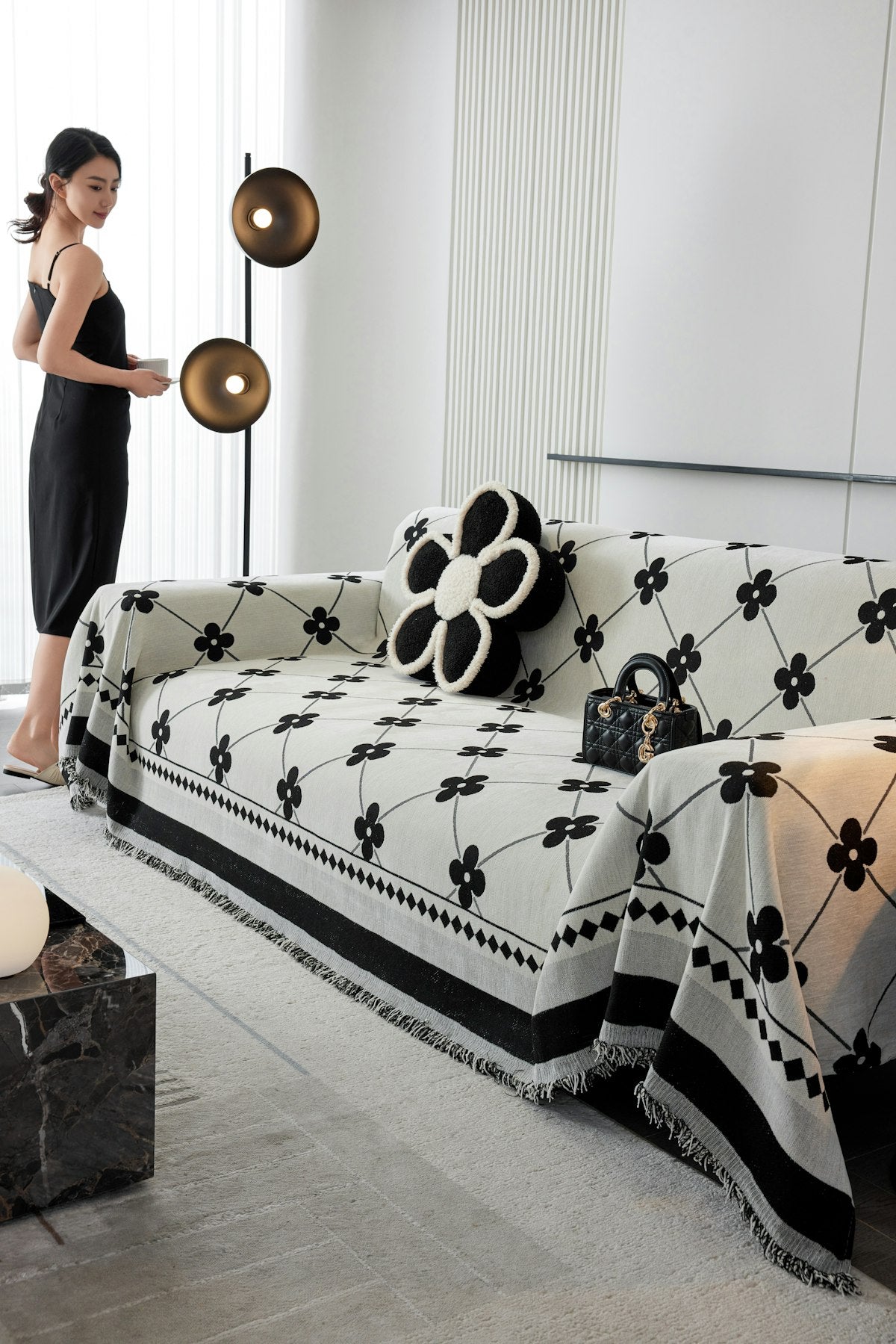 Stretch fit sofa cover, slate grey, styled view