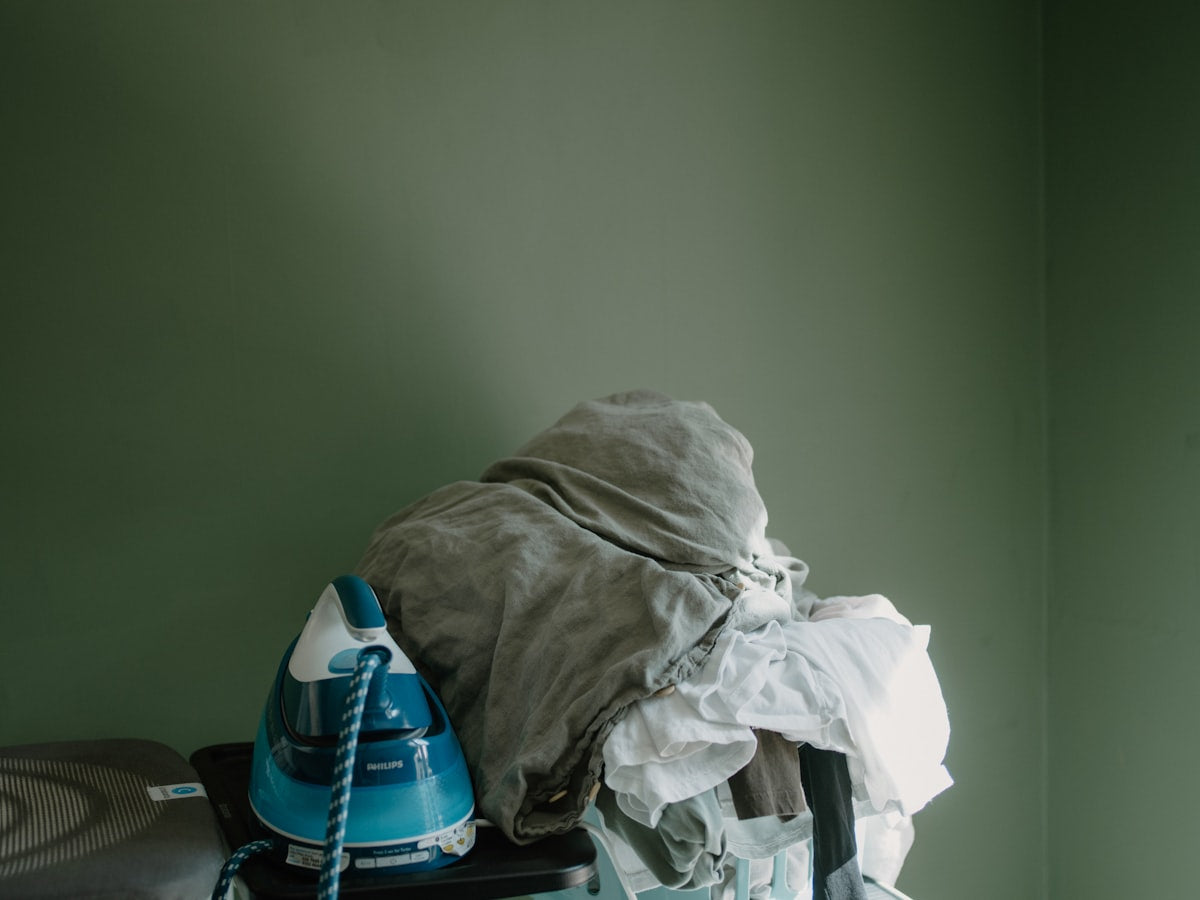 Foldable laundry hamper, linen, styled view