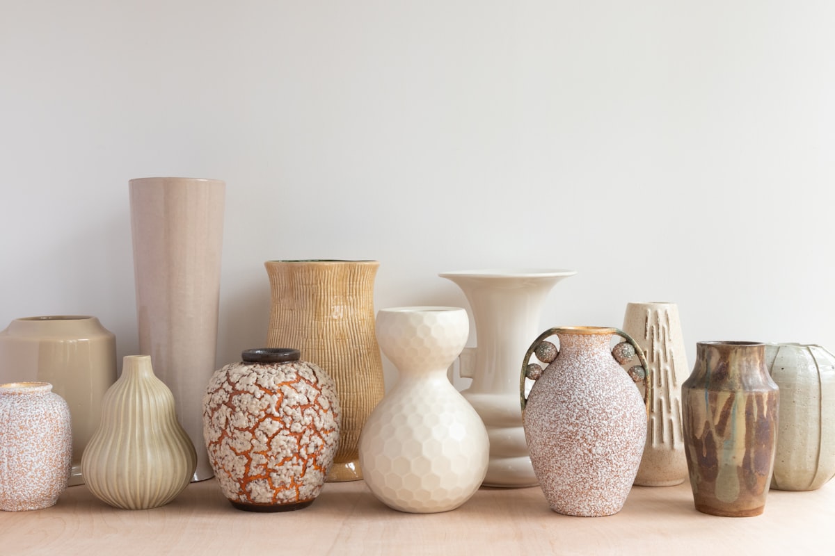 Textured ceramic stoneware vase, styled view
