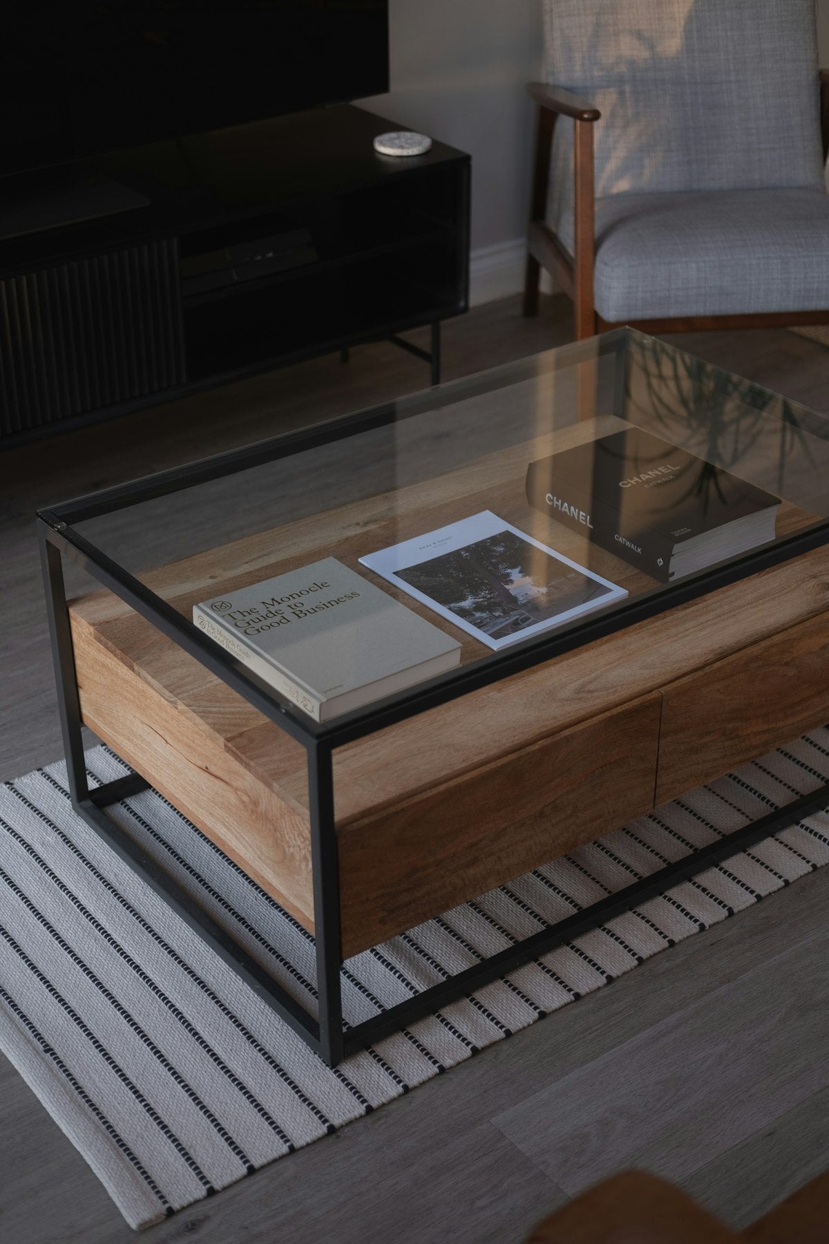 Oak-effect coffee table, styled living room view