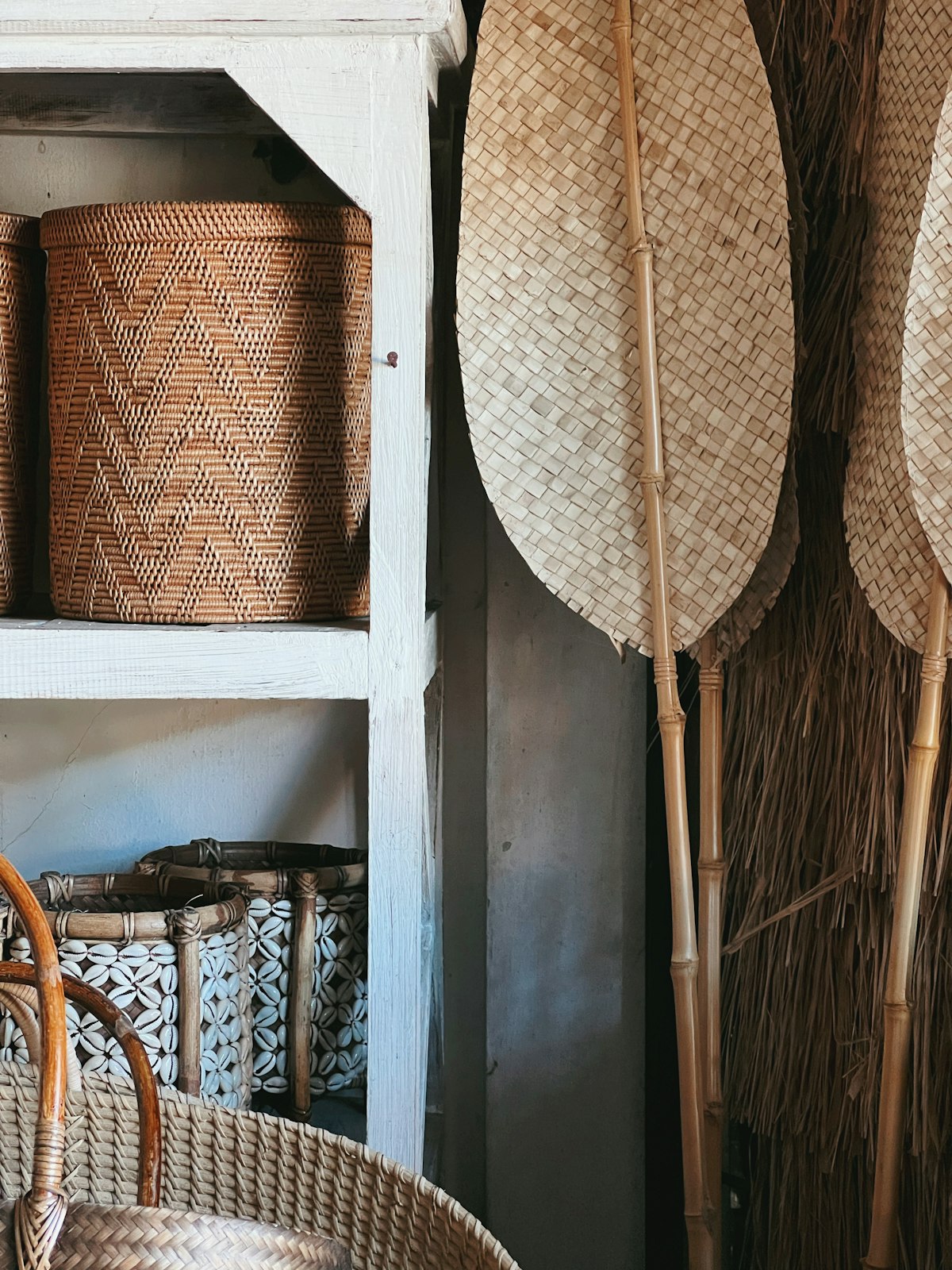 Woven seagrass storage basket set, styled view