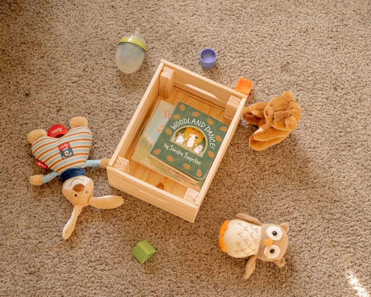 Wooden toy storage crate, angle view