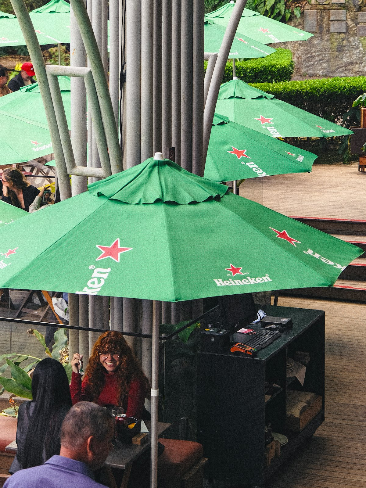 Folding outdoor bistro table, styled patio view