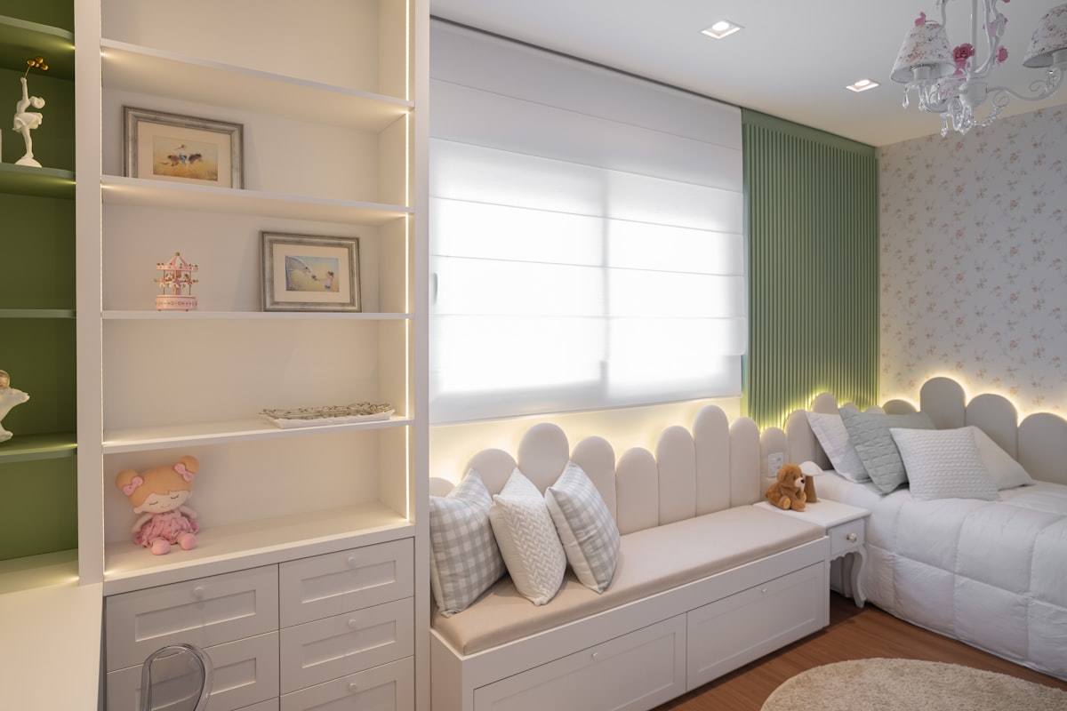 Kids storage bench with cushion, styled view